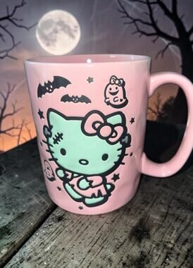 Silver Buffalo Hello Kitty Pink Halloween Coffee Mug Frankenstein Bats Ghosts